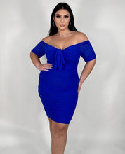 Load image into Gallery viewer, &#39;Brit&#39; Blue Off Shoulder Ruched Dress
