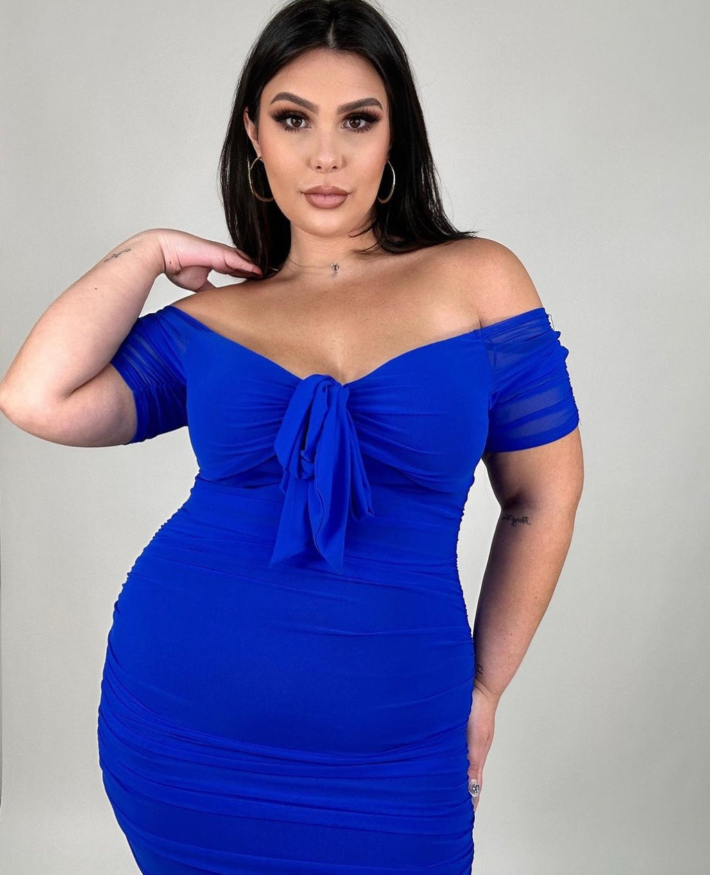 'Brit' Blue Off Shoulder Ruched Dress